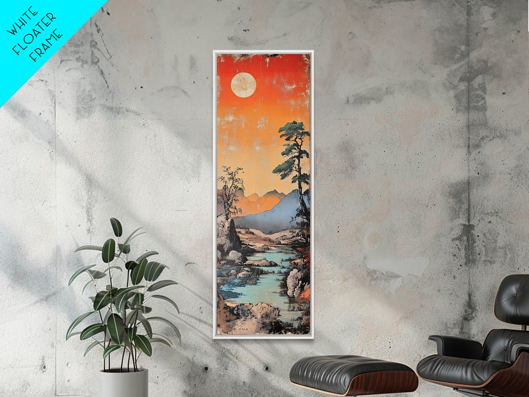 Moonlit Mountain River At Coral Sunset With Lone Pine Wall Art, Japanese Landscape Art, Rustic Decor, Nature Wall Decor Print