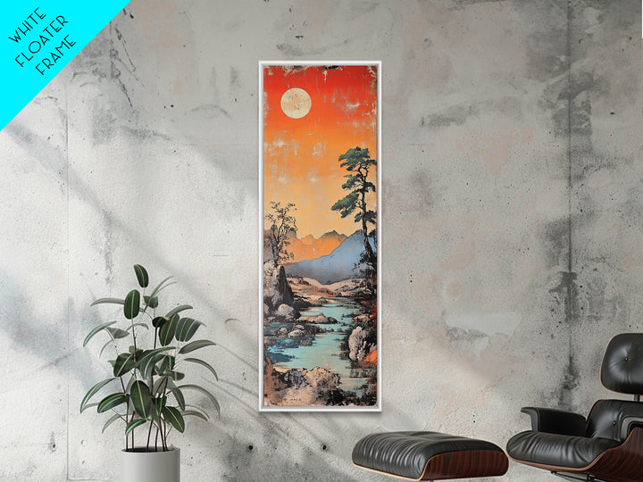 Moonlit Mountain River At Coral Sunset With Lone Pine Wall Art, Japanese Landscape Art, Rustic Decor, Nature Wall Decor Print