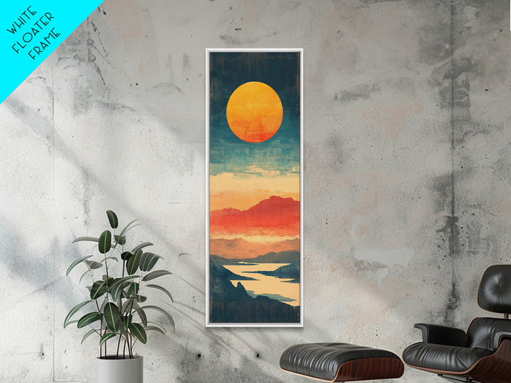 Golden Sun Over Coral Mountains And Reflective Lake Canvas Print, Abstract Landscape, Modern Wall Art, Coastal Decor, Home Decor