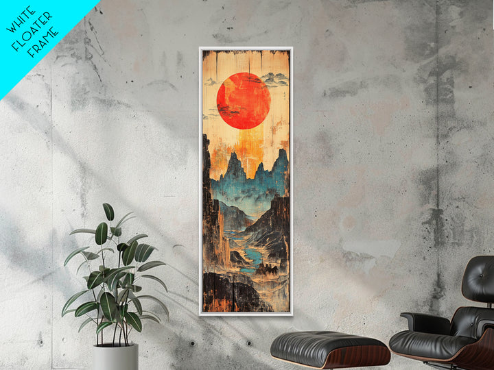 Red Sun Over Blue Mountain Valley And Winding River Wall Art, Japanese Landscape Print, Asian Decor, Statement Artwork, Home Decor