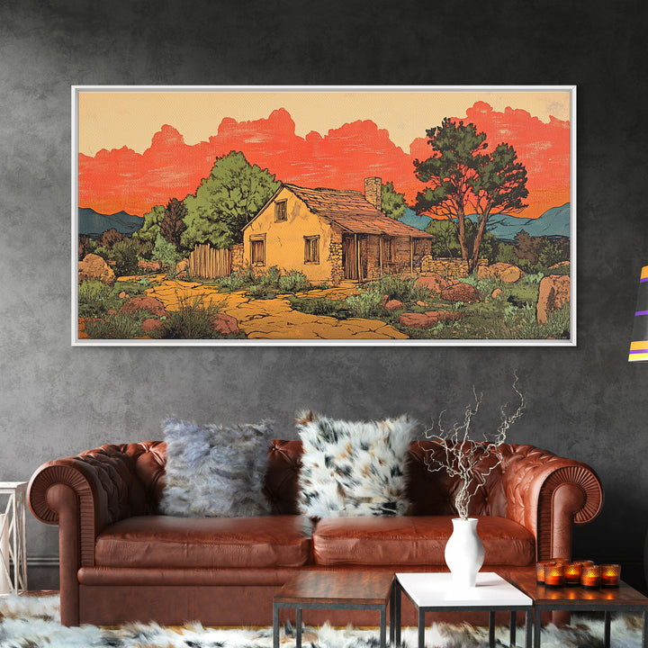 Adobe Desert Cabin At Red Sunset Wall Art, Rustic Southwestern Landscape Print, Western Home Decor, Large Canvas Wall Art