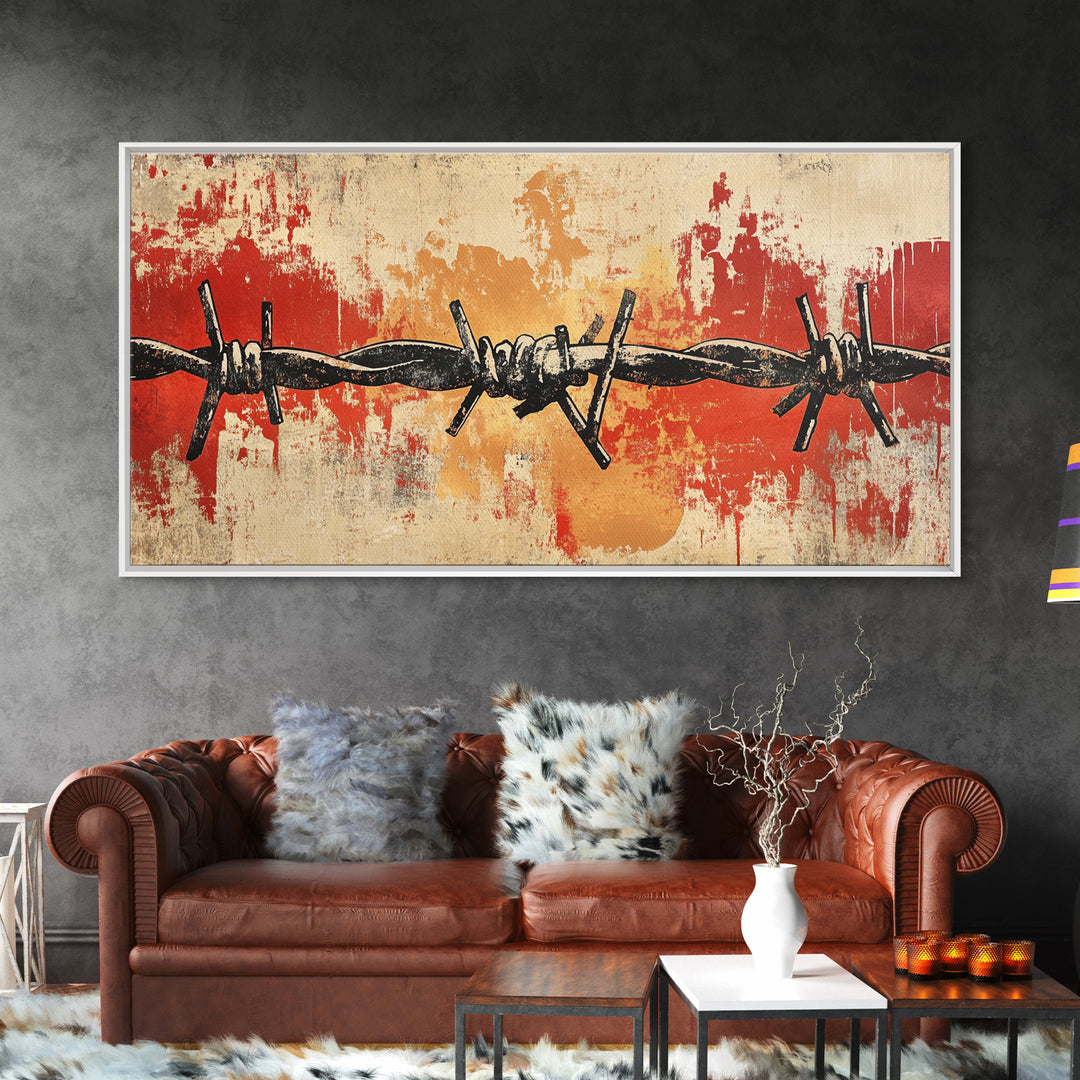 Black Barbed Wire On Red Grunge Canvas Print, Industrial Wall Decor, Edgy Abstract Art, Masculine Office Wall Art, Modern Home Decor