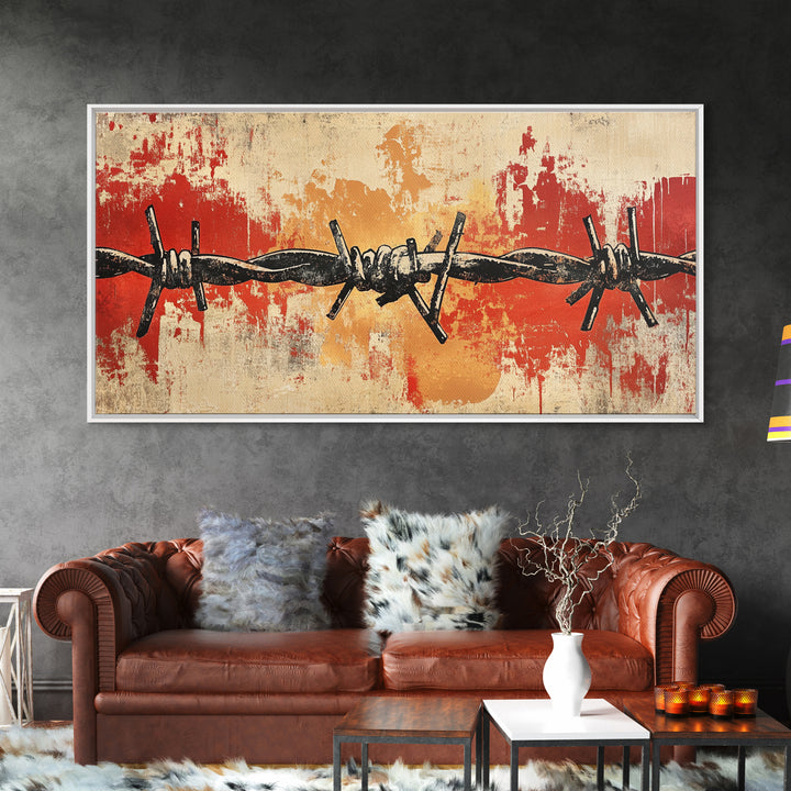 Black Barbed Wire On Red Grunge Canvas Print, Industrial Wall Decor, Edgy Abstract Art, Masculine Office Wall Art, Modern Home Decor