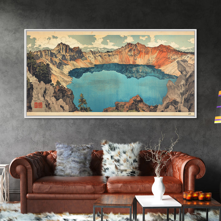 Turquoise Crater Lake And Rugged Mountain Wall Art, Japanese Landscape Print, Panoramic Canvas Art, Nature Home Decor, Large Wall Decor