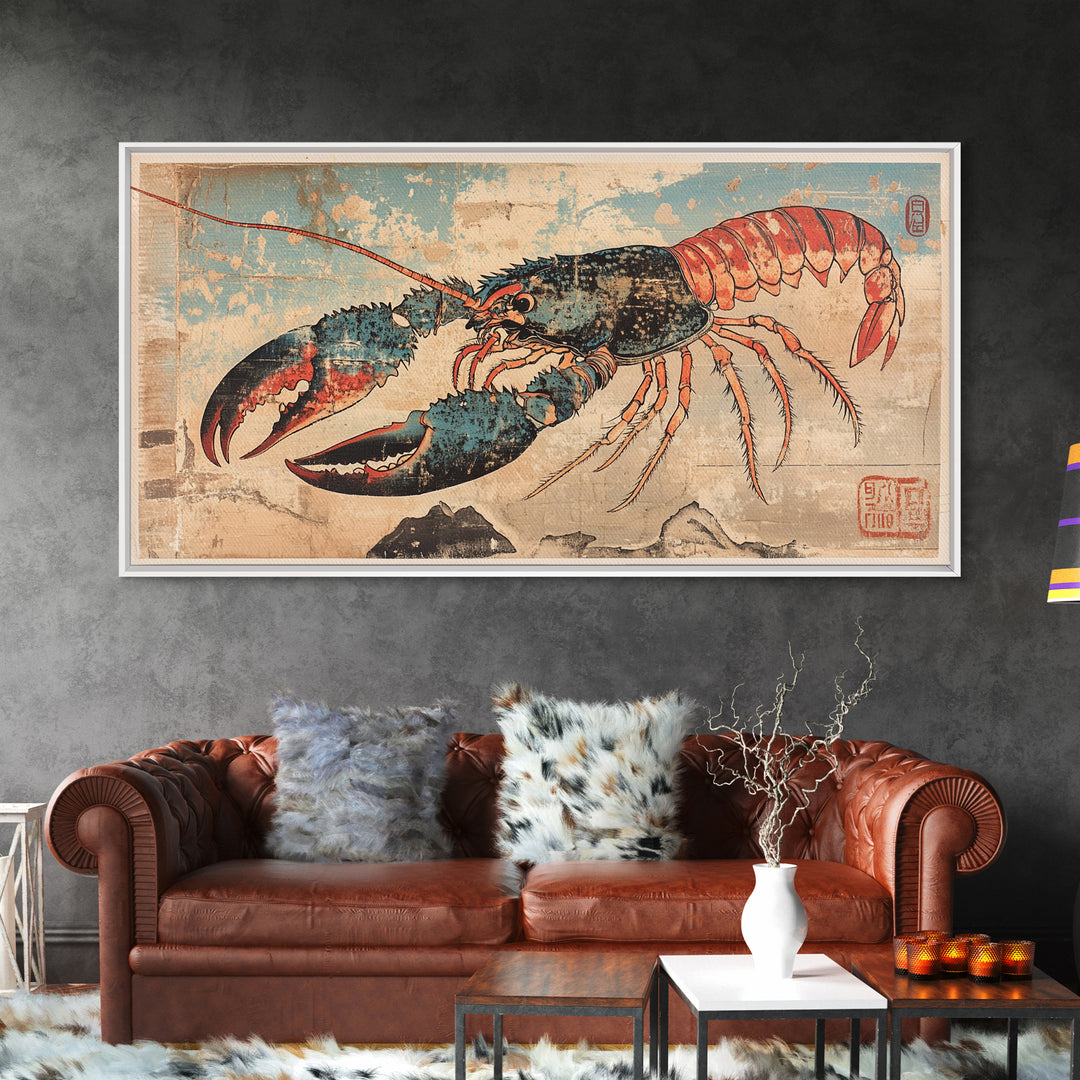 Blue And Coral Lobster With Large Claws Canvas Print, Coastal Kitchen Wall Art, Seafood Art Print, Nautical Home Decor, Beach House Decor