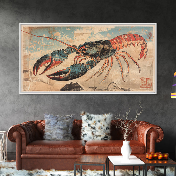 Blue And Coral Lobster With Large Claws Canvas Print, Coastal Kitchen Wall Art, Seafood Art Print, Nautical Home Decor, Beach House Decor