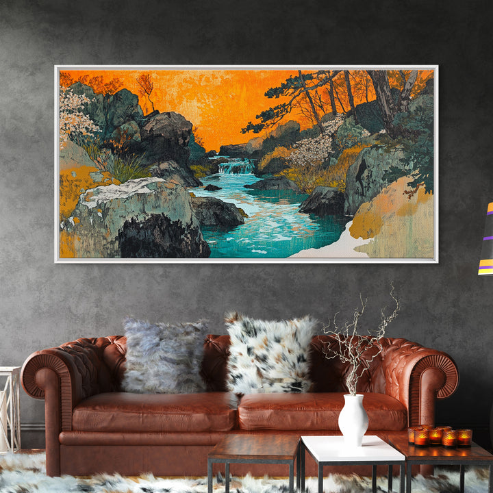 Turquoise River Through Rocky Forest Canyon Wall Art, Japanese Landscape Print, Orange Sunset Decor, Nature Canvas Art, Living Room Decor