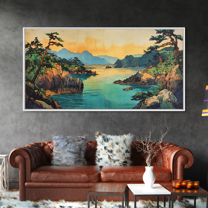 Pine Coastline With Blue Bay And Distant Mountains Wall Art, Japanese Seascape Print, Coastal Home Decor, Large Canvas Art
