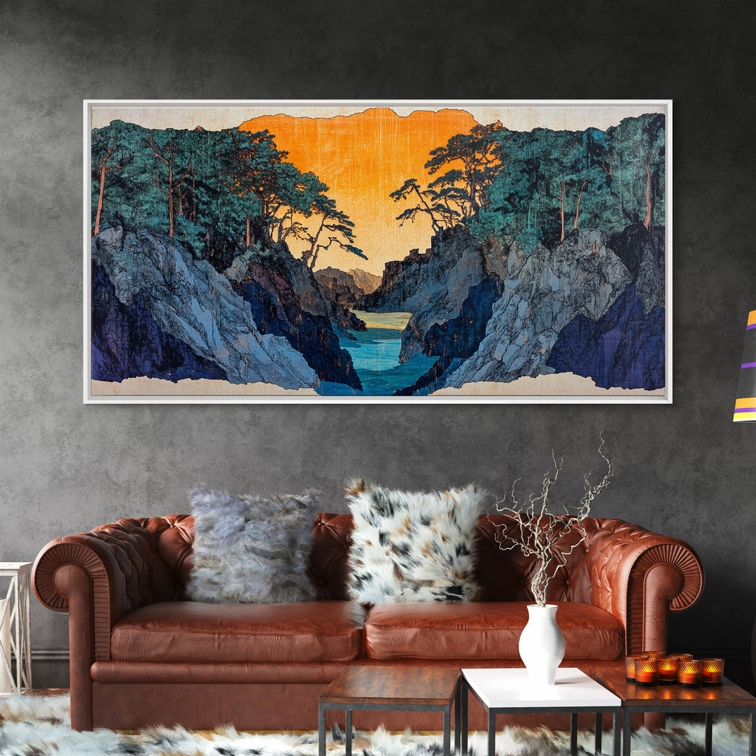 Rocky Blue Canyon River At Orange Sunset Wall Art, Japanese Landscape Print, Moody Nature Decor, Panoramic Canvas Art, Living Room Art