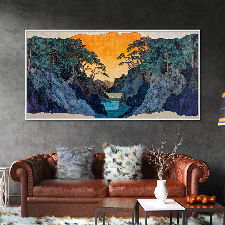 Rocky Blue Canyon River At Orange Sunset Wall Art, Japanese Landscape Print, Moody Nature Decor, Panoramic Canvas Art, Living Room Art