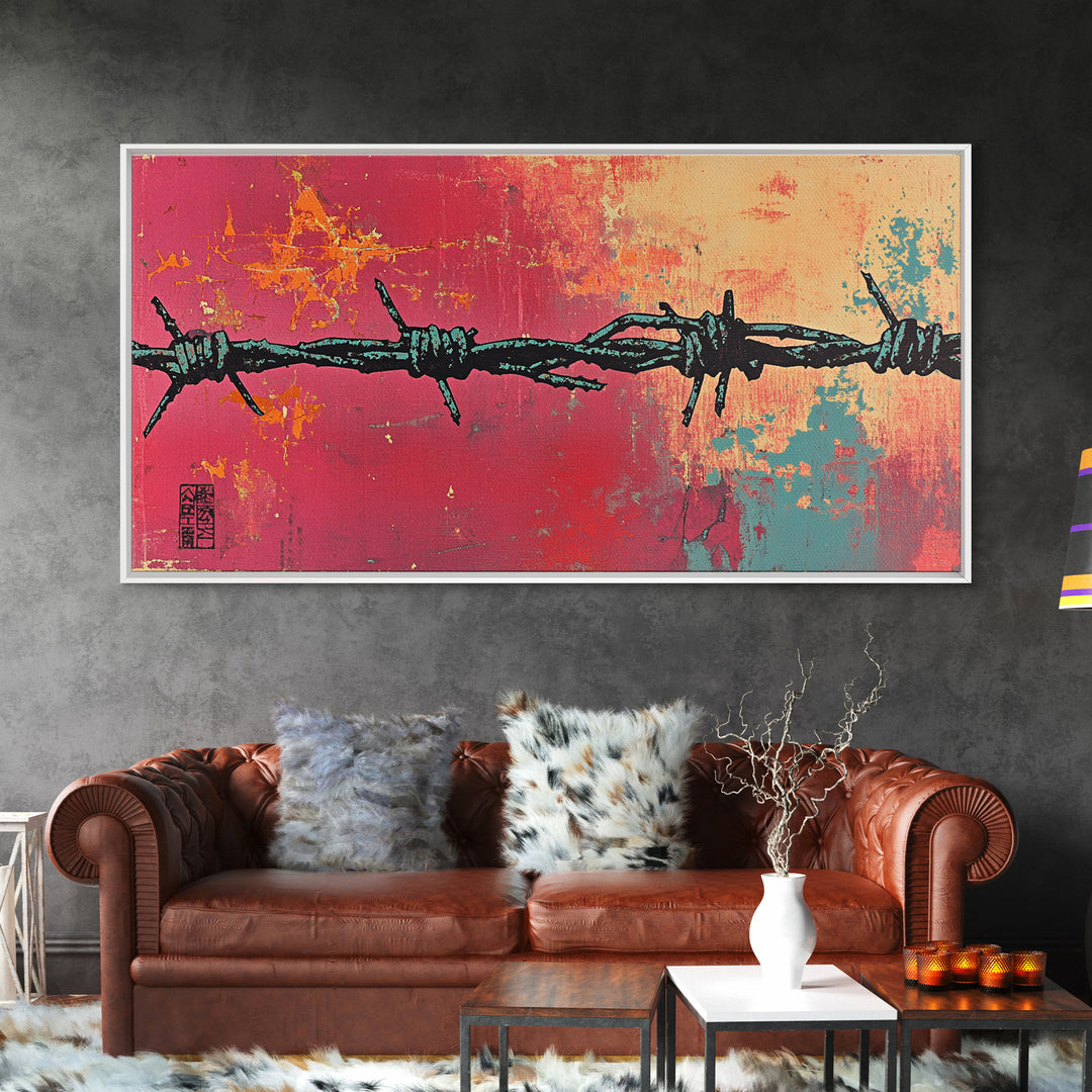 Black Barbed Wire On Coral Teal Wall Art, Urban Graffiti Print, Abstract Street Art, Edgy Modern Office Wall Decor Gift For Him