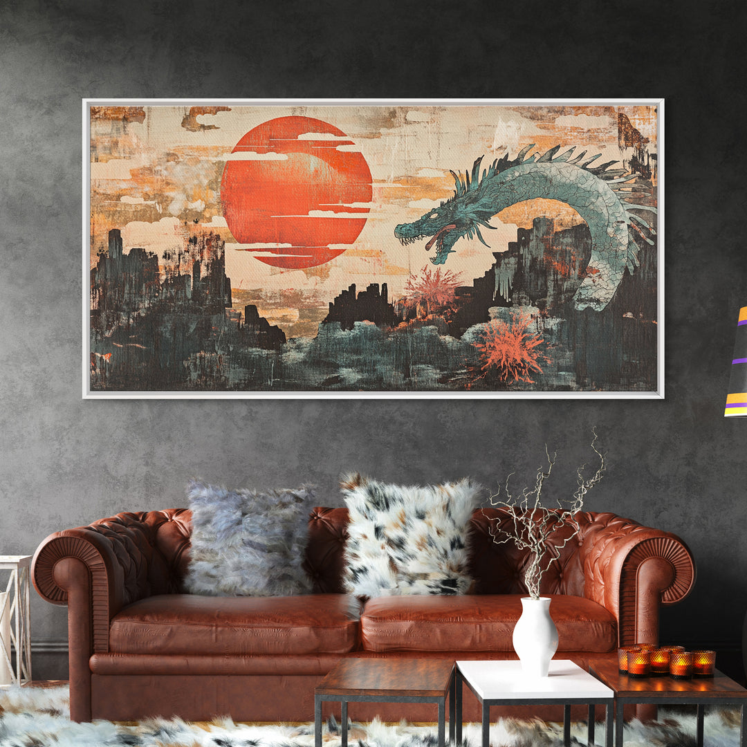 Teal Dragon Over Red Sun Mountains Framed Canvas Print, Asian Fantasy Wall Art, Japanese Decor, Dramatic Living Room Art