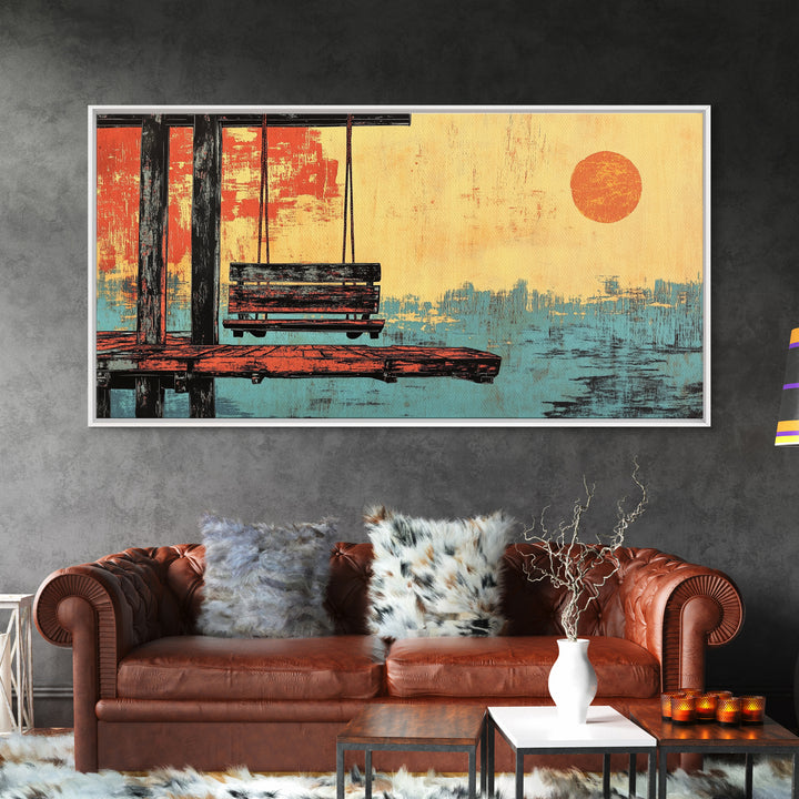 Japanese Dock Swing At Sunset Framed Canvas Print, Serene Ocean Wall Art, Coastal Home Decor, Zen Living Room Print, Bedroom Decor