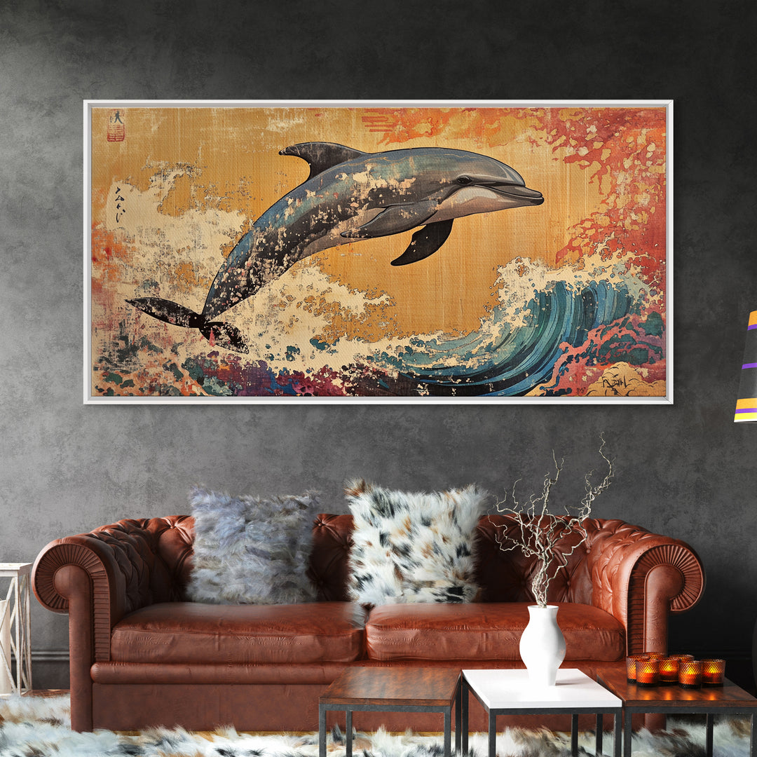Dolphin Leaping Over Ukiyo E Wave Canvas Print, Japanese Ocean Wall Art, Coastal Nursery Decor, Sea Life Home Decor, Gift For Her