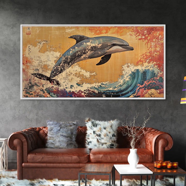Dolphin Leaping Over Ukiyo E Wave Canvas Print, Japanese Ocean Wall Art, Coastal Nursery Decor, Sea Life Home Decor, Gift For Her