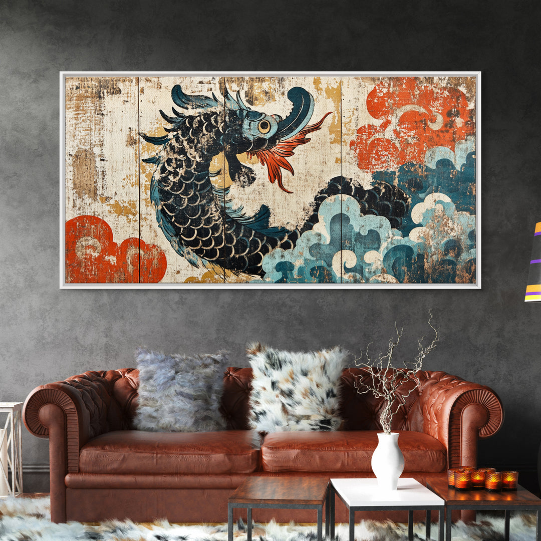 Ukiyo E Sea Dragon With Clouds Framed Canvas Print, Japanese Wall Art, Fantasy Decor, Asian Inspired Living Room Art, Statement Artwork