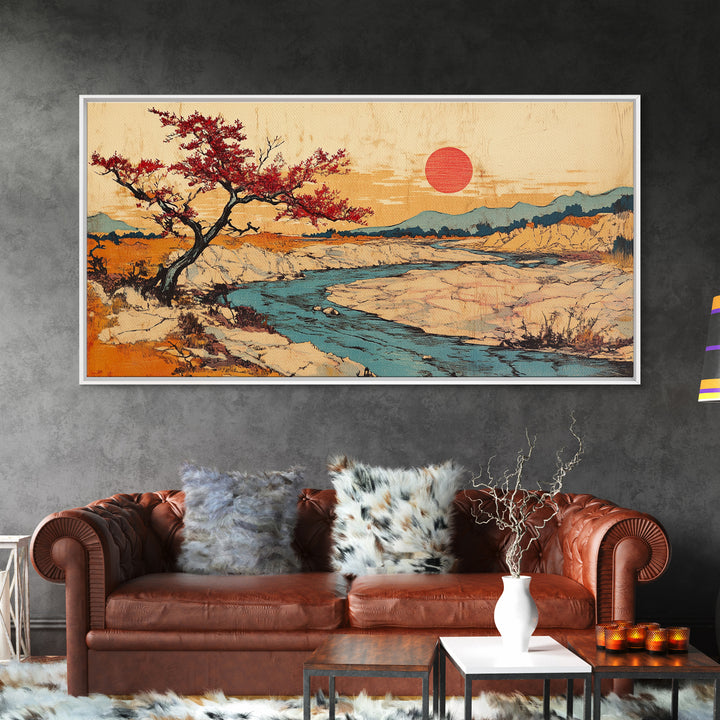 Cherry Tree Desert River Sunset Framed Canvas Print, Japanese Landscape Wall Art, Mountain Wall Decor, Rustic Home Decor
