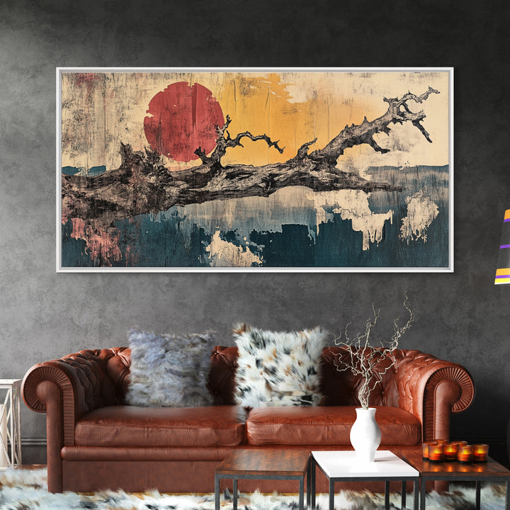 Bare Branch Red Sun Abstract Canvas Print, Japanese Landscape Wall Art, Wabi Sabi Decor, Minimalist Living Room Art, Zen Home Decor