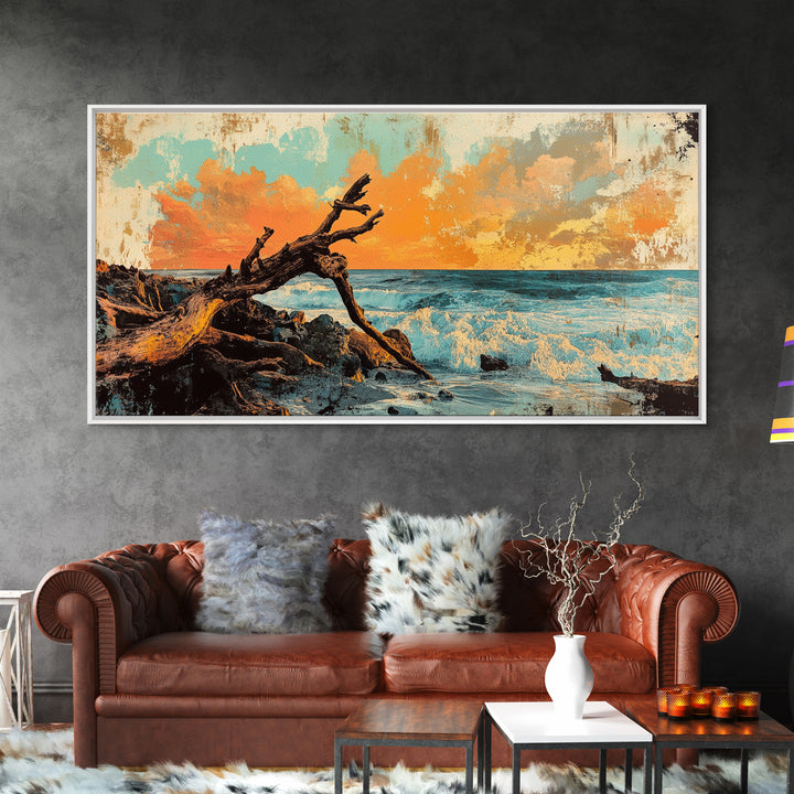Driftwood Ocean Sunset Seascape Framed Canvas Print, Coastal Wall Art, Beach House Decor, Nautical Living Room Decor, Gift For Her