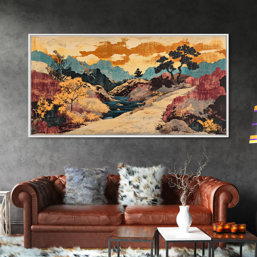 Colorful Canyon River Mountains Framed Canvas Print, Southwest Landscape Wall Art, Rustic Desert Decor, Large Wall Art Print