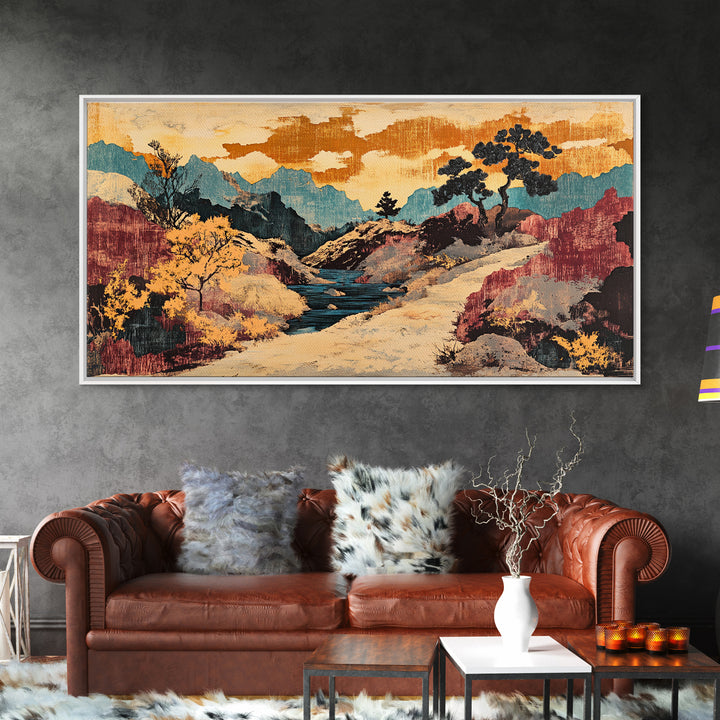 Colorful Canyon River Mountains Framed Canvas Print, Southwest Landscape Wall Art, Rustic Desert Decor, Large Wall Art Print