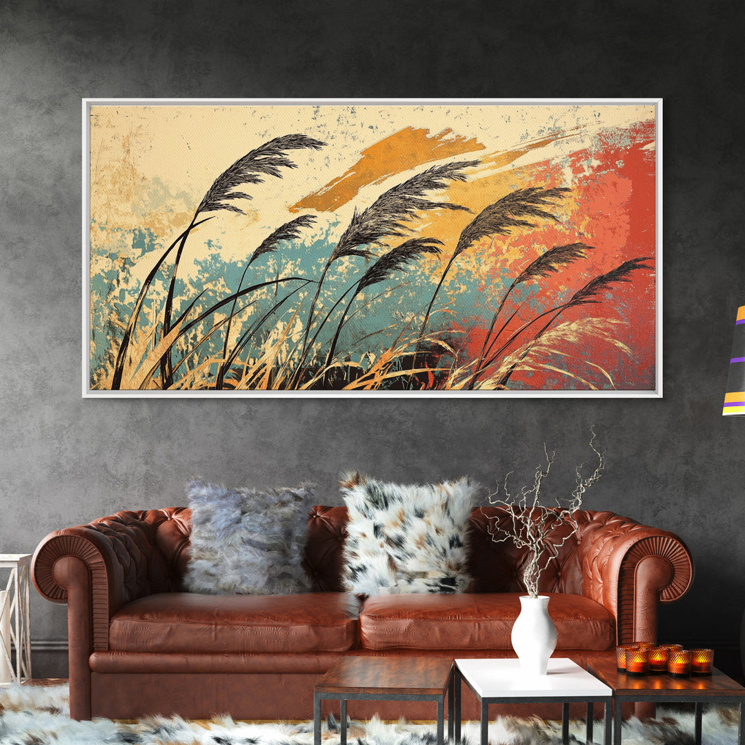 Windblown Reeds In Teal And Rust Wall Art, Japanese Inspired Abstract Landscape, Boho Living Room Decor, Large Canvas Print