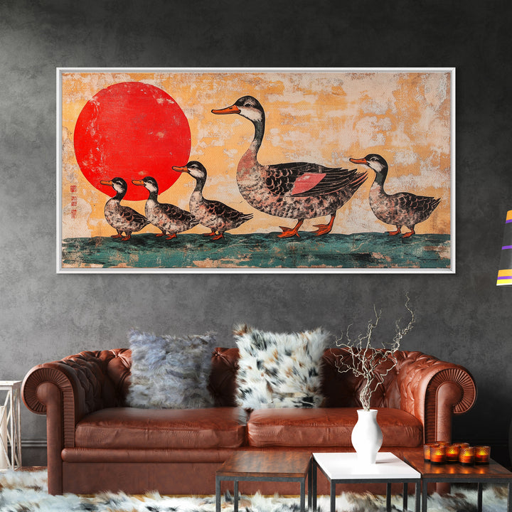 Mallard Duck Family With Red Sun Wall Art, Japanese Bird Art Print, Whimsical Animal Decor, Nursery Or Kitchen Canvas Print