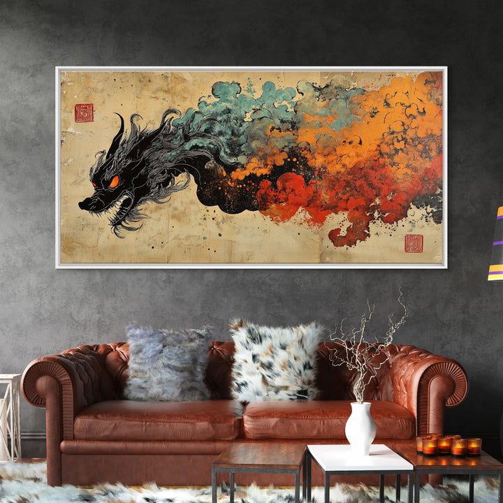 Black Dragon With Fiery Smoke Wall Art, Japanese Fantasy Art Print, Dark Mythical Decor, Dramatic Gaming Room Canvas Print