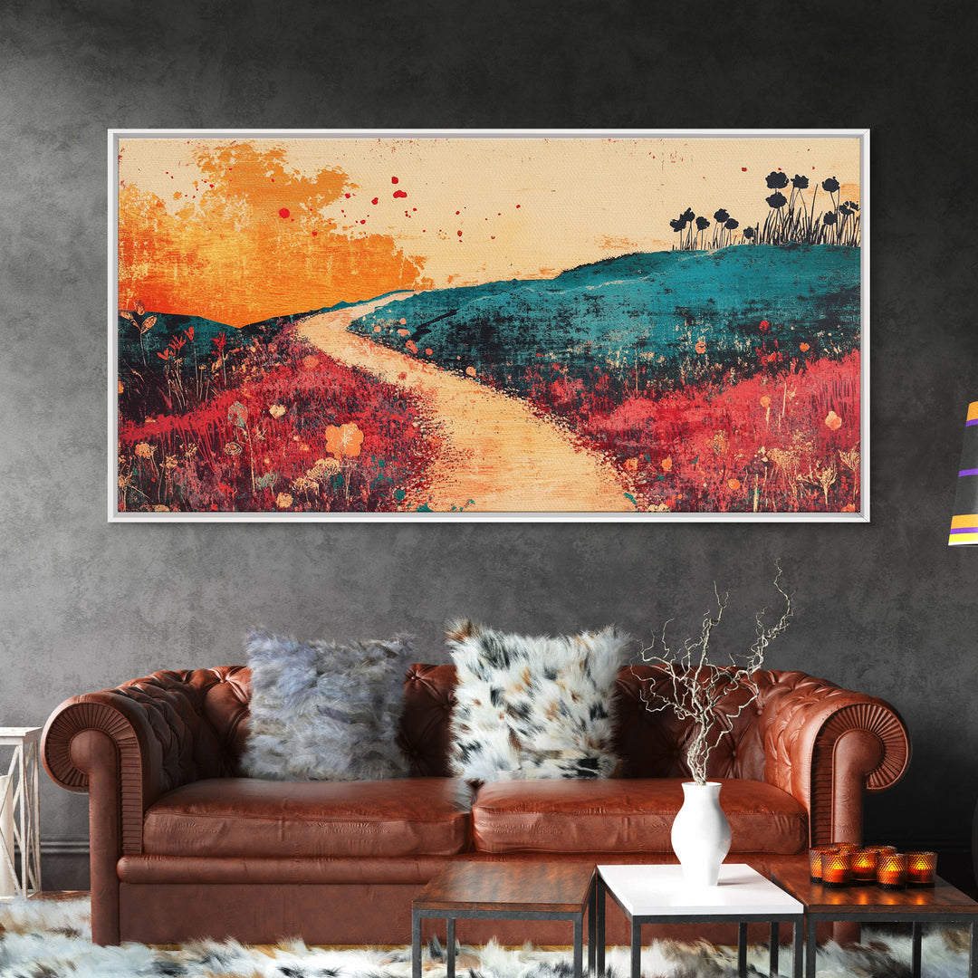 Sunlit Path Through Teal Hills Wall Art, Abstract Landscape Print, Colorful Wildflower Decor, Boho Living Room Canvas Print