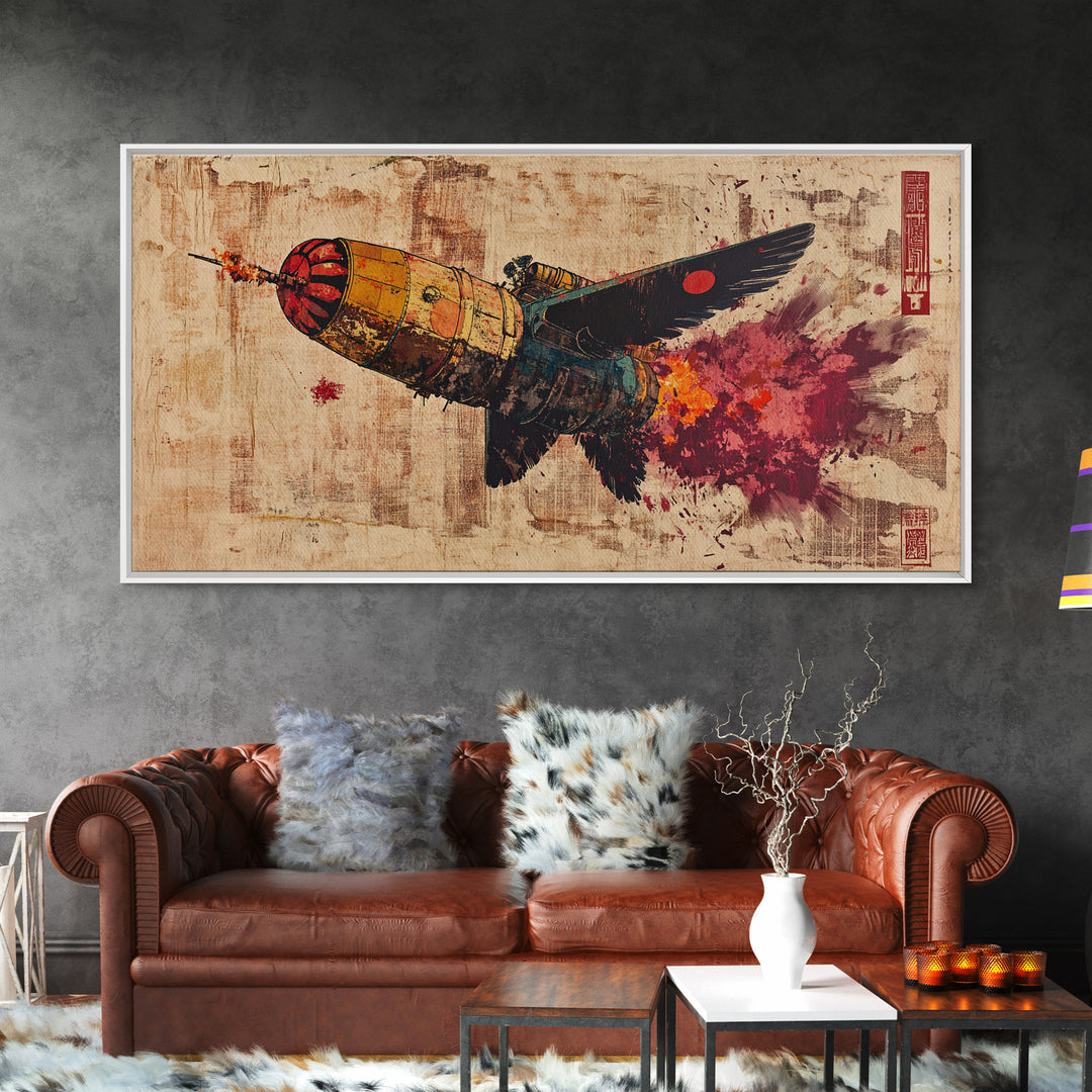 Retro Rocket Bird In Flight Wall Art, Japanese Sci Fi Art Print, Cyberpunk Bird Poster Decor, Futuristic Canvas Print