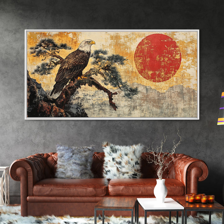 Bald Eagle On Pine Branch Wall Art, Japanese Wildlife Art Print, Rustic Nature Decor, Patriotic Living Room Canvas Print