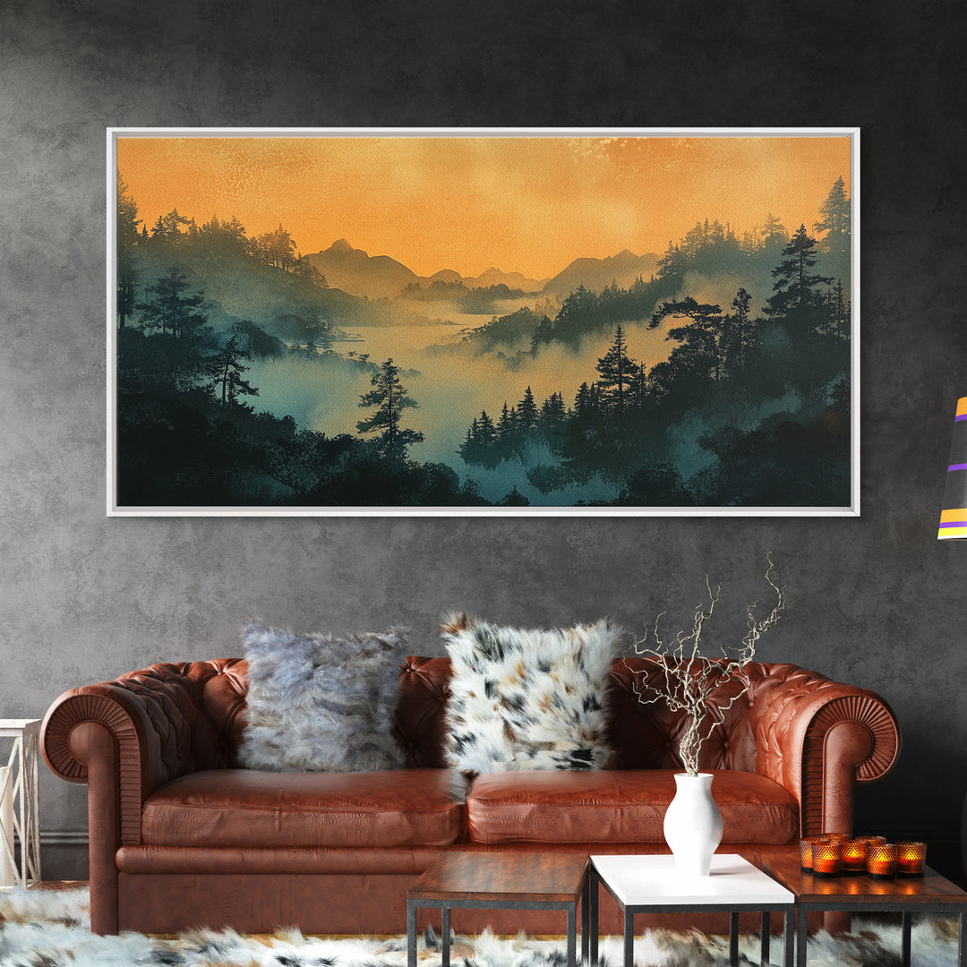 Misty Mountain Forest At Sunrise Wall Art, Japanese Landscape Print, Moody Nature Decor, Serene Bedroom Framed Canvas Print