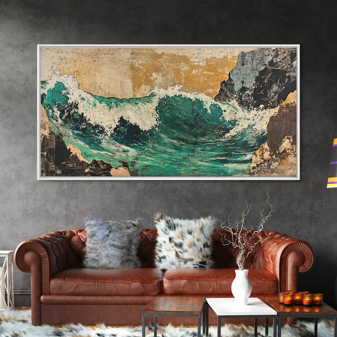 Turquoise Ocean Wave Between Cliffs Wall Art, Japanese Seascape Print, Coastal Beach House Decor, Large Framed Canvas Print