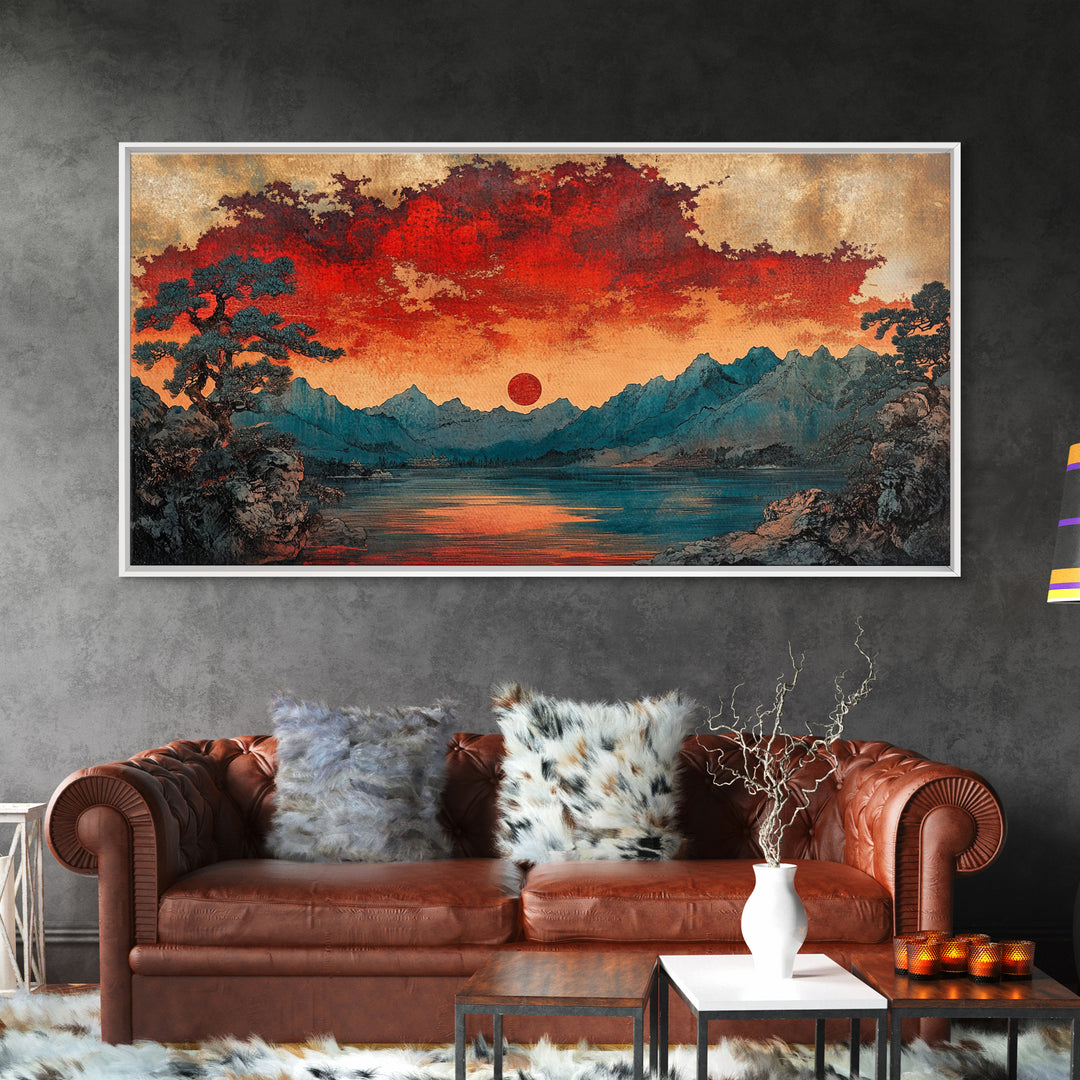 Red Sun Mountain Lake Wall Art, Japanese Landscape Print, Moody Sunset Canvas, Asian Inspired Living Room Home Decor