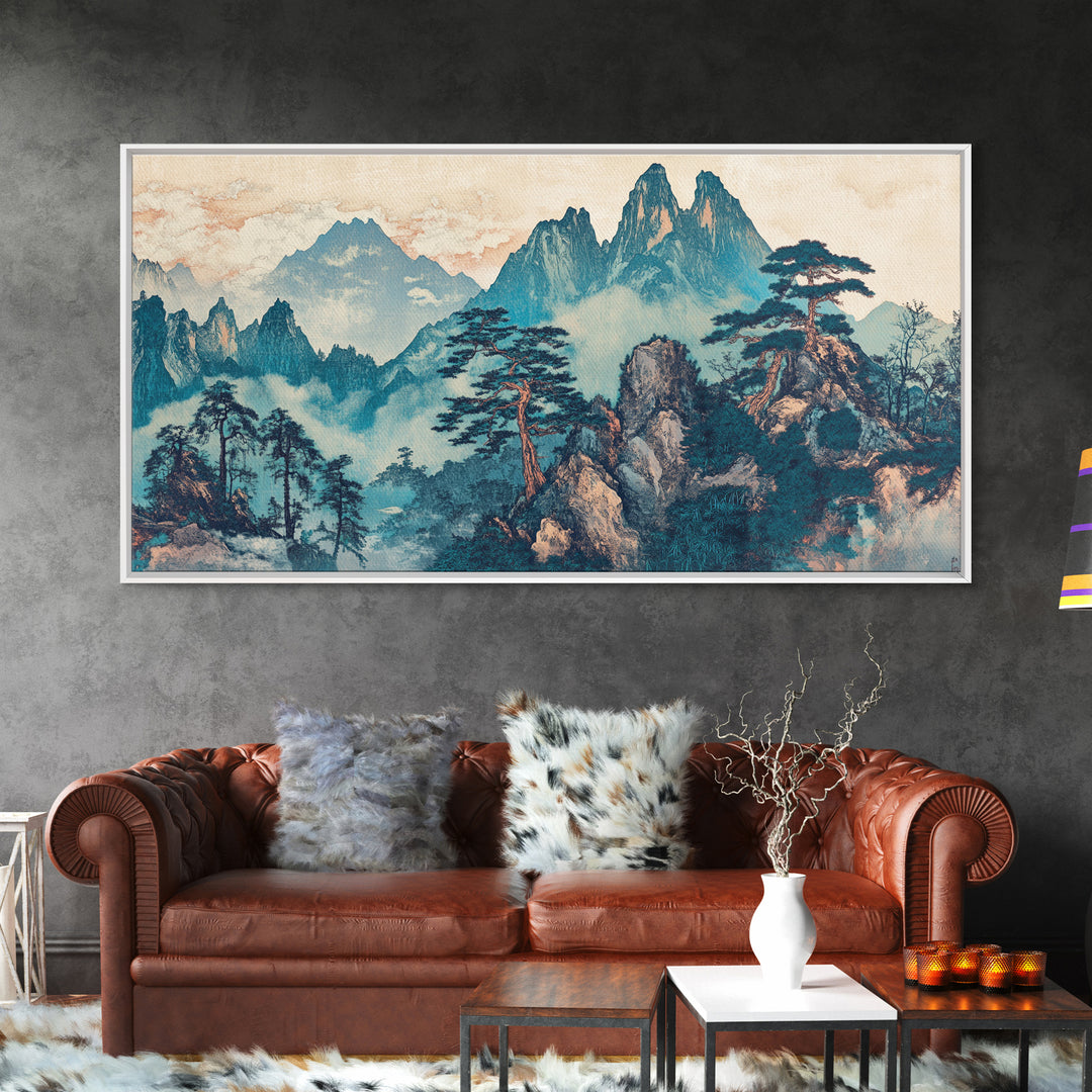 Misty Mountain Pine Wall Art, Japanese Landscape Print, Blue Green Nature Canvas, Zen Living Room Decor Home Decor Office Decor