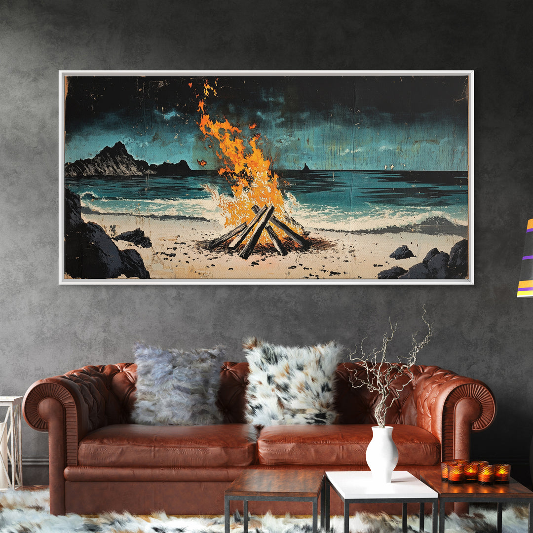 Beach Bonfire Wall Art, Coastal Campfire Canvas Print, Ocean Night Seascape, Rustic Cabin Decor, Man Cave Decor Home Decor Gift