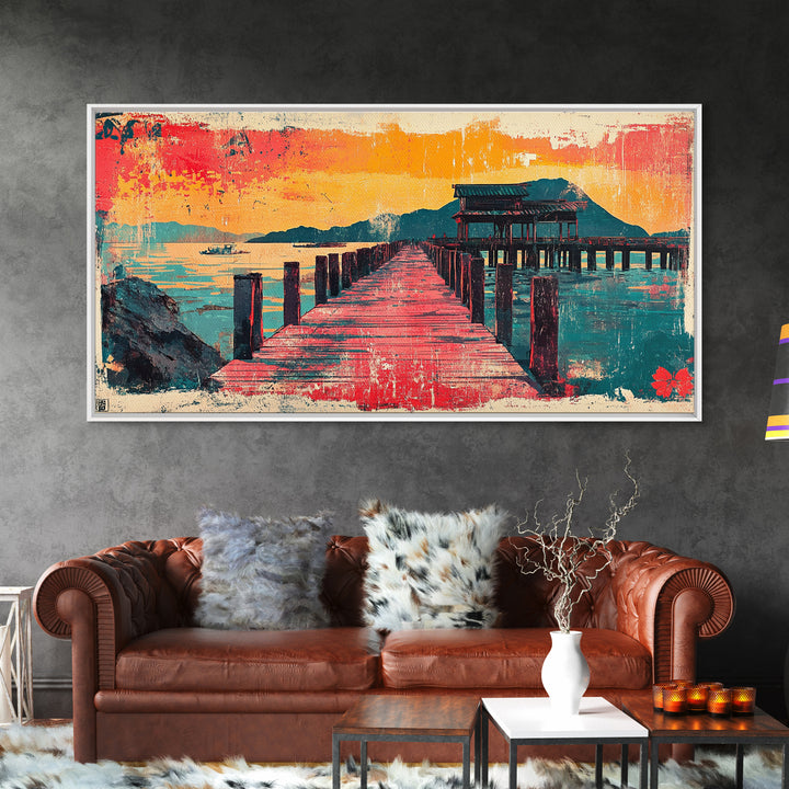 Red Pier Sunset Wall Art, Japanese Coastal Landscape Print, Teal Ocean Canvas, Asian Inspired Home Decor For Living Room
