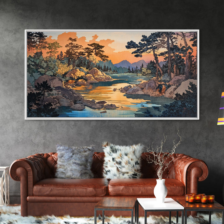 Golden River Forest Wall Art, Japanese Landscape Print, Pine Woodland Canvas, Nature Inspired Living Room Home Decor Gift