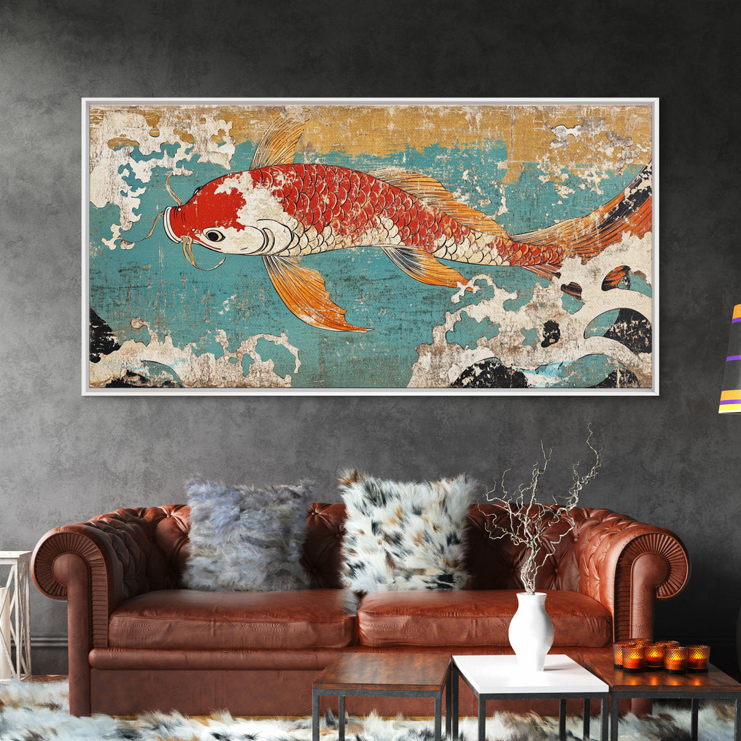 Red Koi Fish In Turquoise Waves Canvas Print, Japanese Wall Art, Coastal Decor, Nautical Home Decor, Large Living Room Art