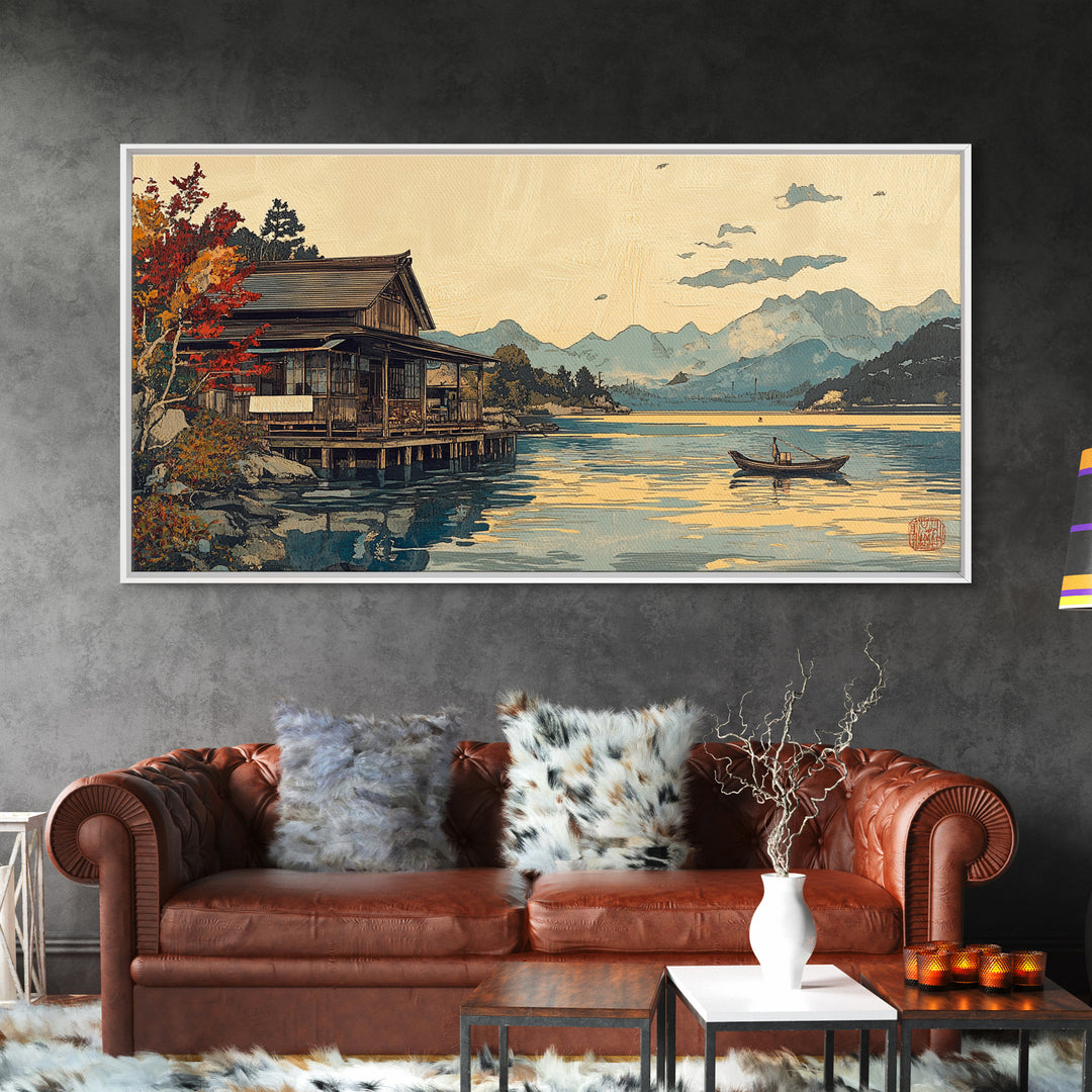 Japanese Lakeside Cabin With Boat Framed Canvas Print, Mountain Landscape Wall Art, Japandi Decor, Serene Living Room Decor
