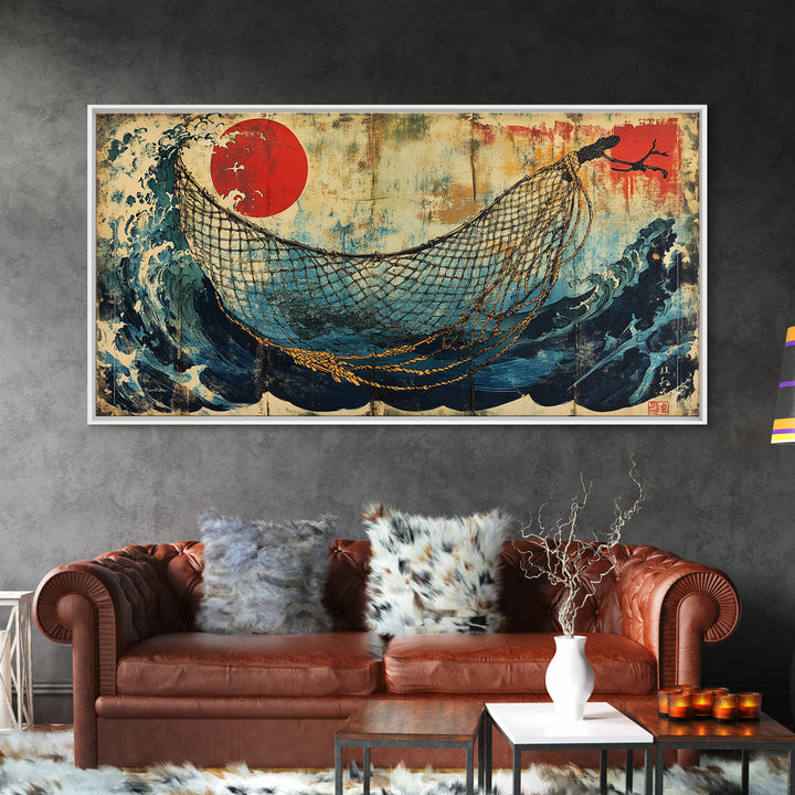 Fishing Net Over Stormy Blue Waves Canvas Print, Japanese Seascape Wall Art, Nautical Decor, Coastal Living Room Art