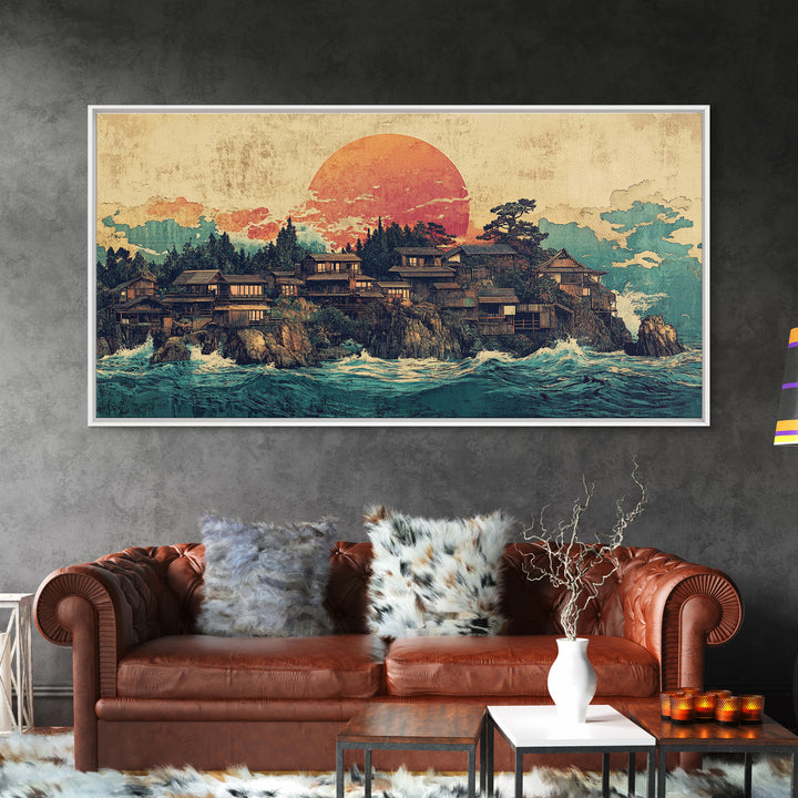 Japanese Coastal Village At Sunset Canvas Print, Ocean Wall Art, Seascape Decor, Japandi Living Room Wall Decor Gift