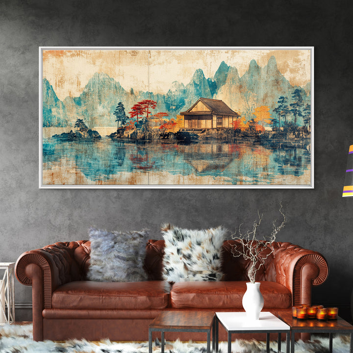 Quiet Lake House With Misty Mountains Framed Canvas Print, Japanese Landscape Wall Art, Japandi Decor, Serene Home Decor