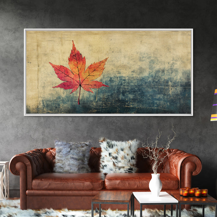 Red Maple Leaf On Textured Blue Background Canvas Print, Japanese Botanical Wall Art, Autumn Decor, Minimalist Nature Print