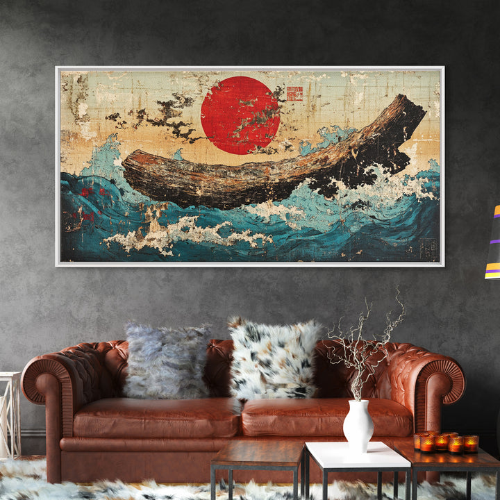 Driftwood Log In Blue Ocean Waves Canvas Print, Japanese Nautical Wall Art, Rustic Coastal Decor, Modern Seascape Art Print