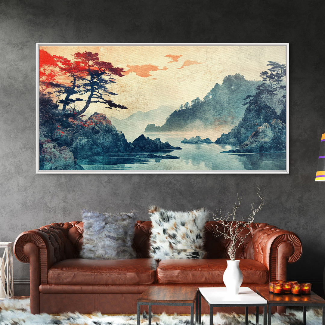 Misty Japanese Cove With Pines Canvas Print, Mountain Lake Landscape Wall Art, Serene Japandi Decor, Large Living Room Art