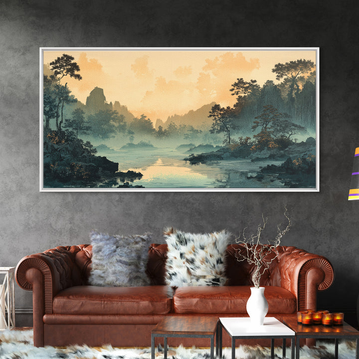 Misty River Valley Sunrise Wall Art, Japanese Landscape Print, Zen Home Decor, Panoramic Canvas For Living Room, Nature Wall Decor Gift