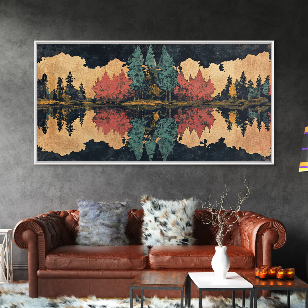 Autumn Forest Lake Reflection Wall Art, Abstract Landscape Print, Panoramic Canvas Decor For Living Room And Cabin, Rustic Home Decor Gift