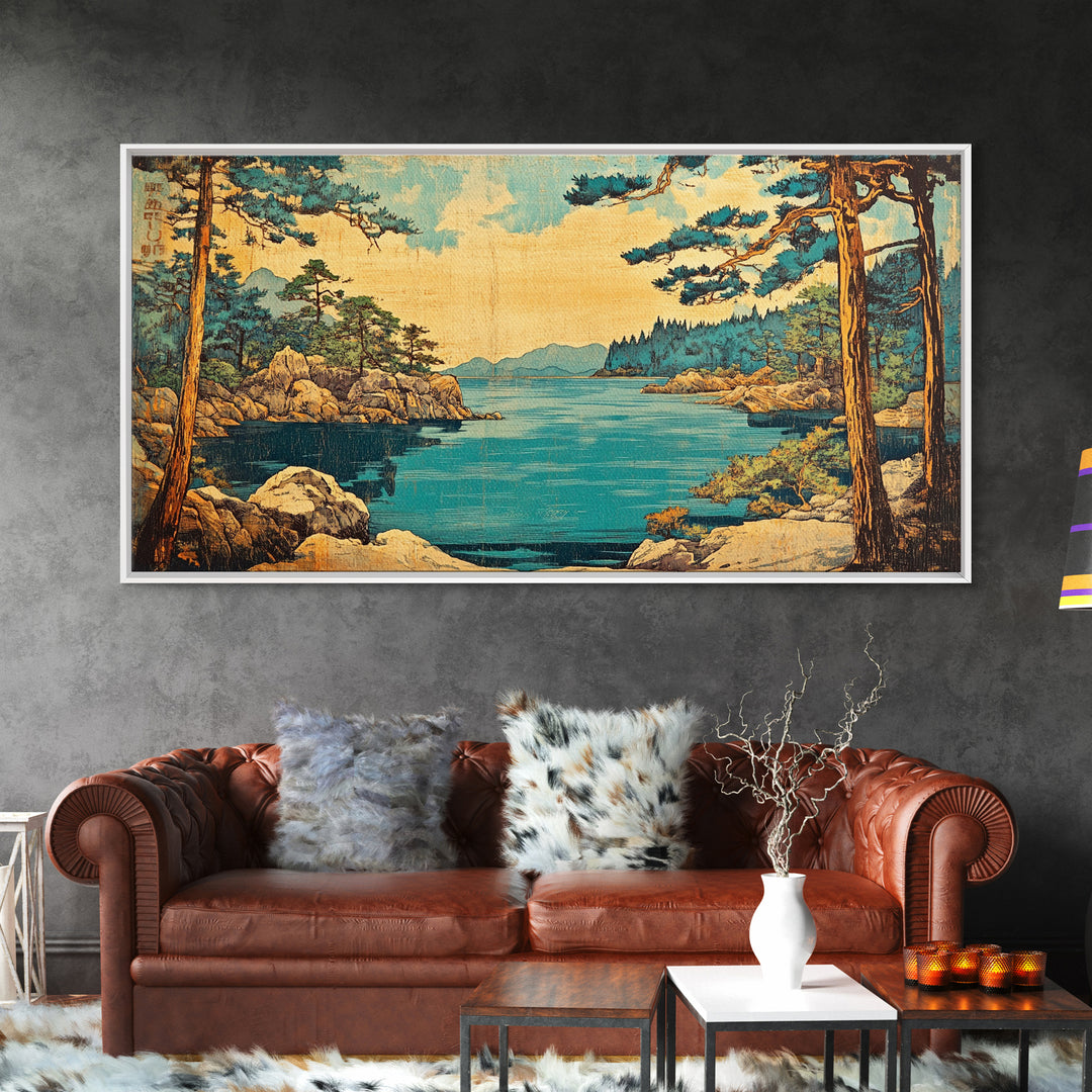 Rocky Pine Coast And Blue Lake Framed Canvas Print, Japanese Landscape Wall Art, Coastal Nature Decor For Living Room, Beach House Gift