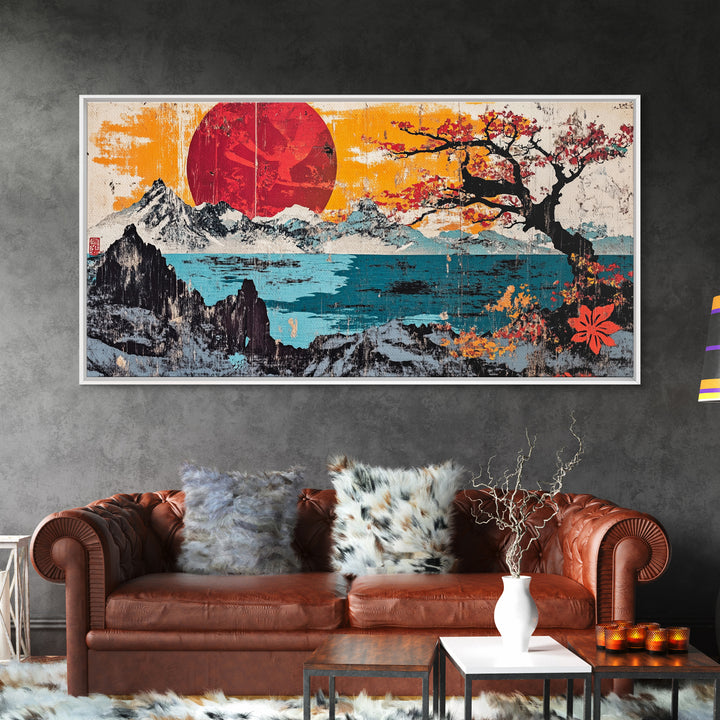 Red Sun Snowy Mountains Wall Art, Japanese Cherry Blossom Seascape Print, Bold Asian Home Decor, Large Canvas For Living Room
